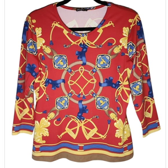 J McLaughlin Catalina Cloth Top Red Gold Equestrian Neo Sable 3/4 Sleeve Size L - Picture 2 of 8